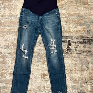 Maternity Blue Skinny Jeans with Distressing and Fading